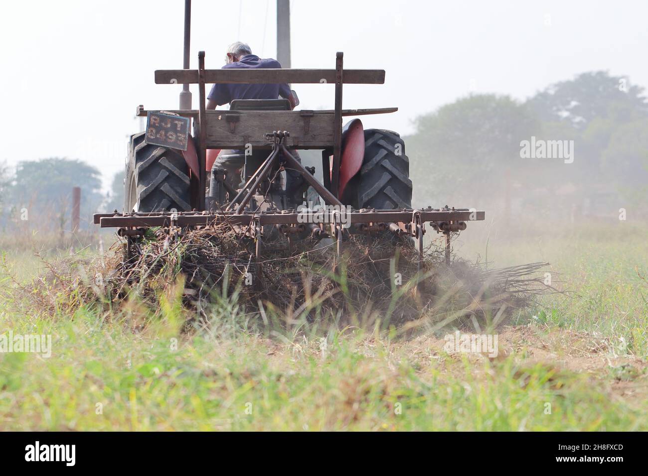 An Indian male laborer farmer plowing the field with the help of a tractor plow Stock Photo