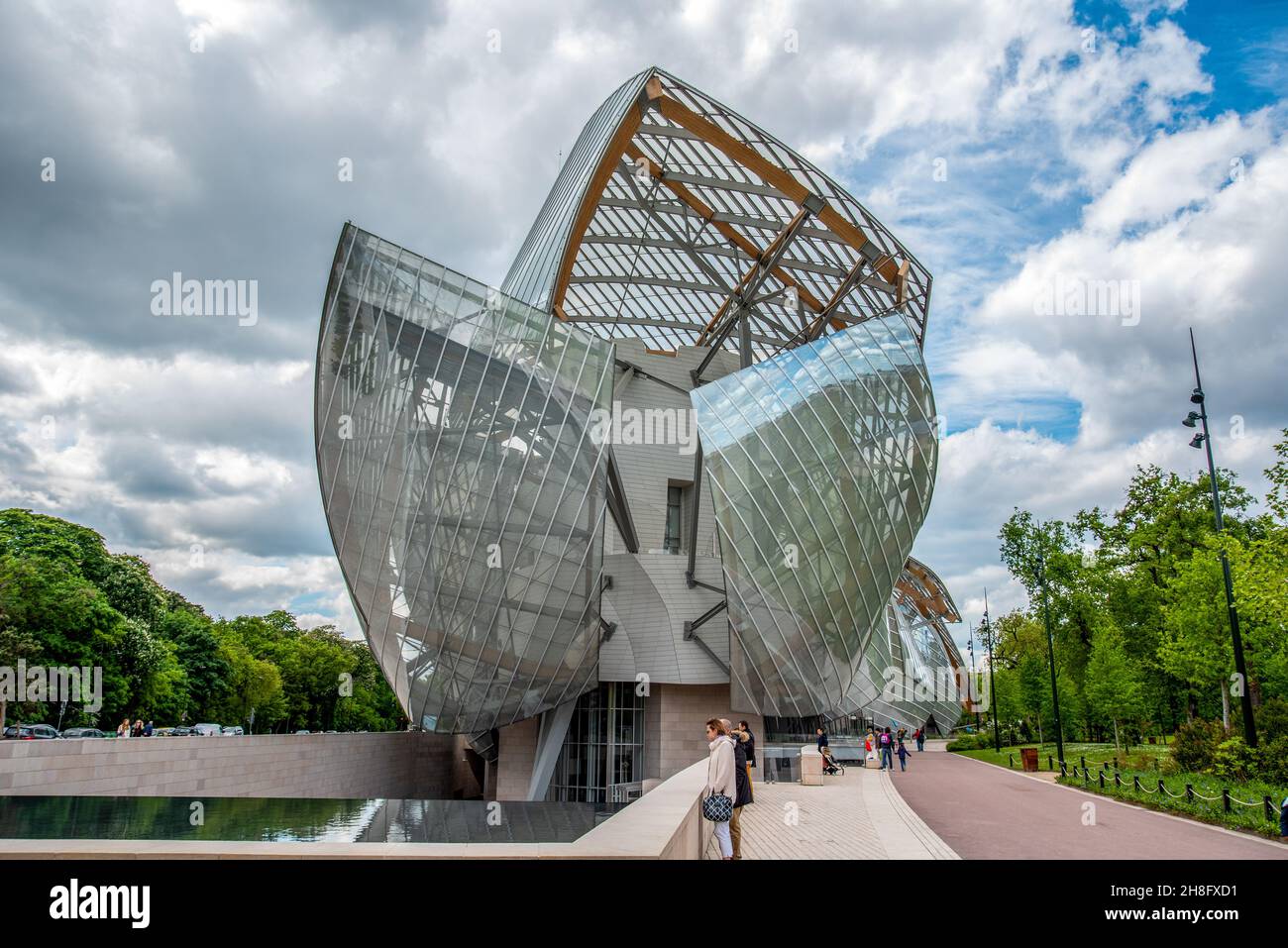Modern architecture of Louis Vuitton Foundation (2014). Louis Vuitton  Foundation - art museum and cultural center. Fragments of Louis Vuitton  building design. PARIS, FRANCE. June 11, 2018. Stock Photo