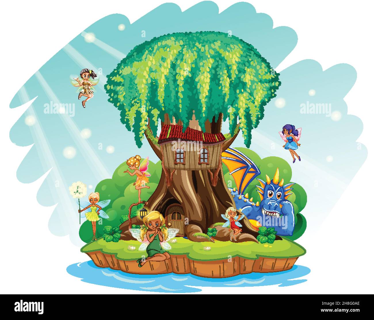 Fantasy tree house inside tree trunk with fairies and dragon