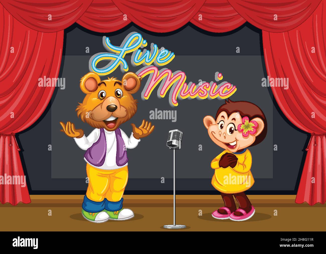 Bear and monkey performing singing on stage illustration Stock Vector