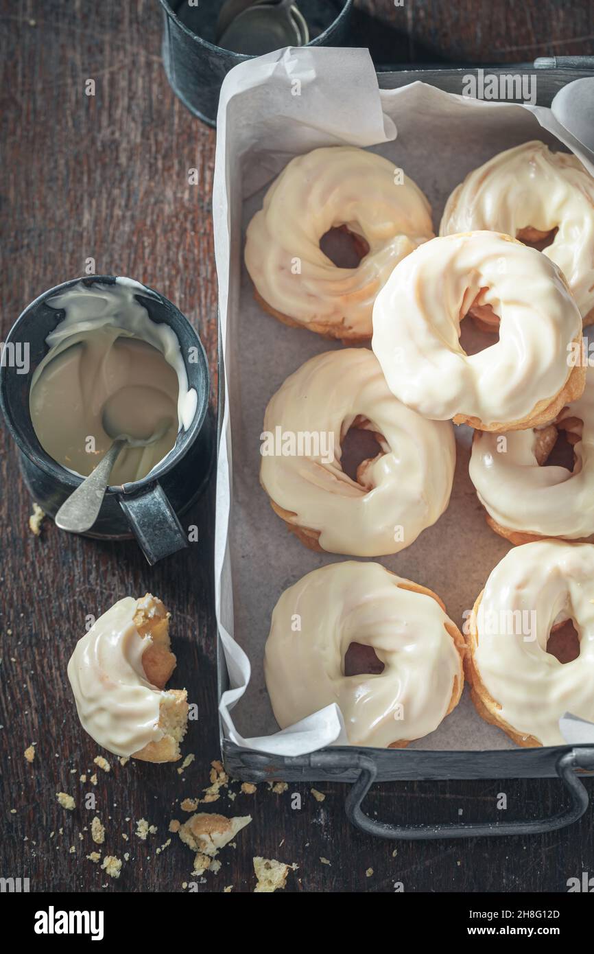Homemade spanish donuts with white chocolate. Donuts easy to make