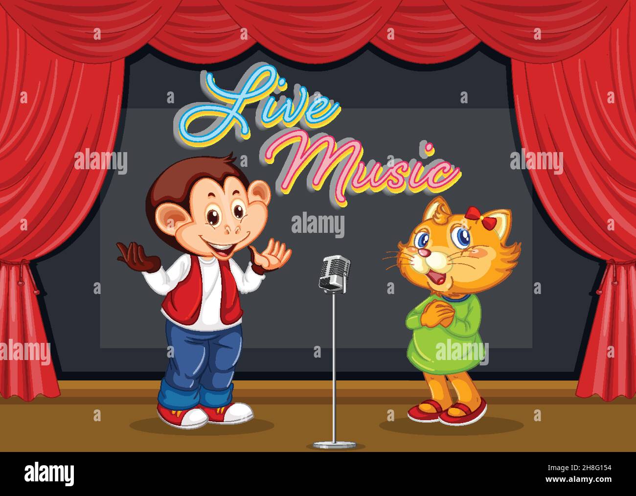 Cat and monkey performing singing on stage illustration Stock Vector