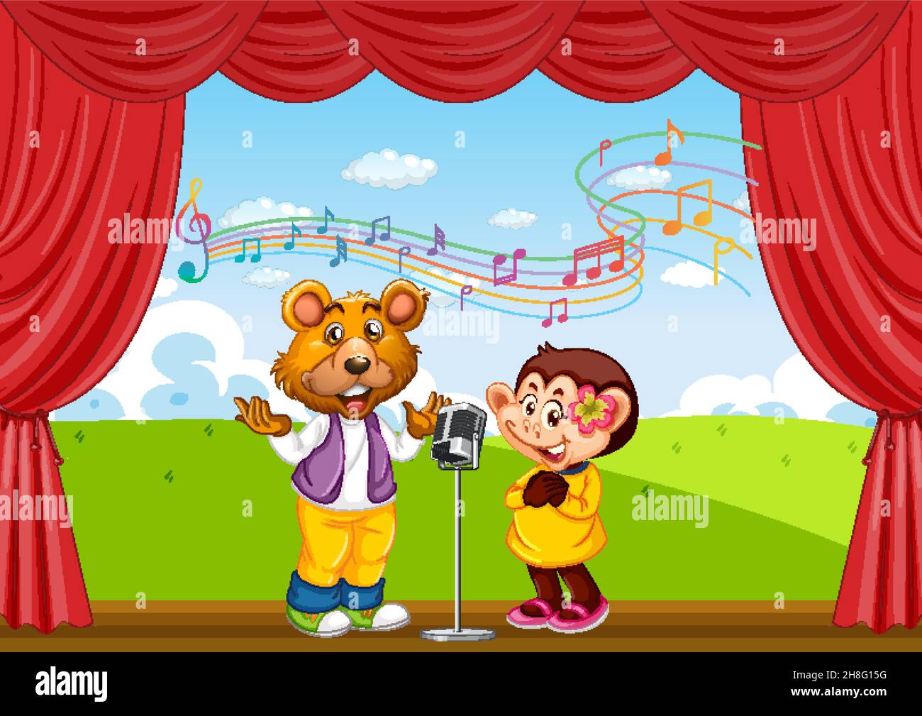 Bear and monkey performing singing on stage illustration Stock Vector