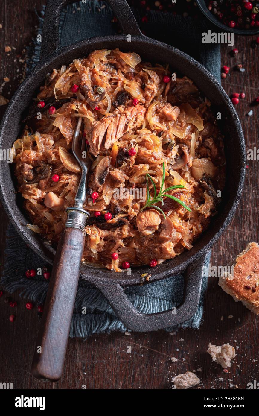 Hot stewed cabbage and meat with cabbage and beef Bigos is traditional Polish food. Stock Photo