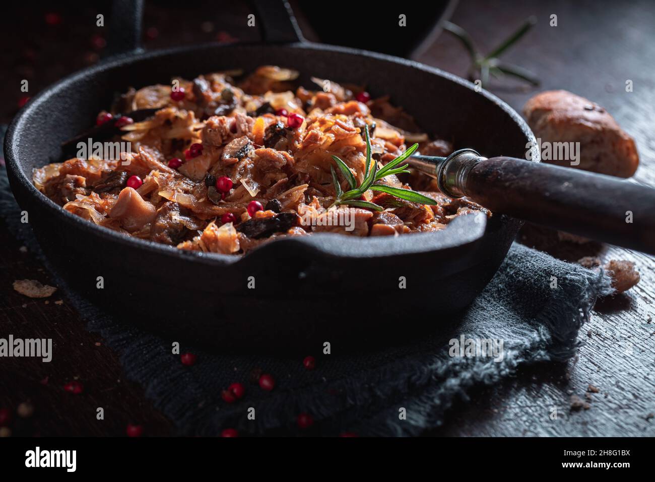 Hot cabbage and meat stew with cabbage and beef Bigos is traditional Polish food. Stock Photo
