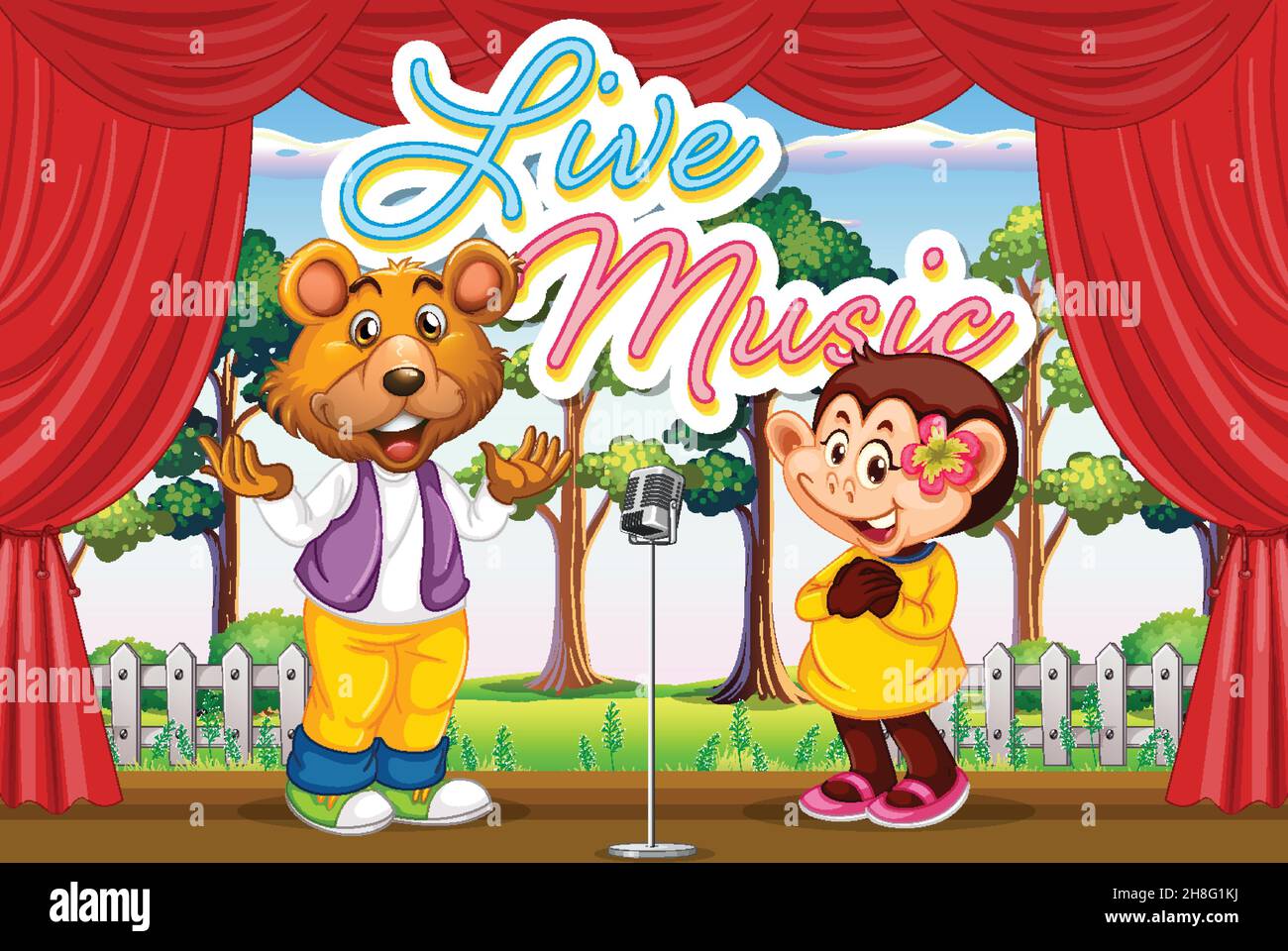Bear and monkey performing singing on stage illustration Stock Vector