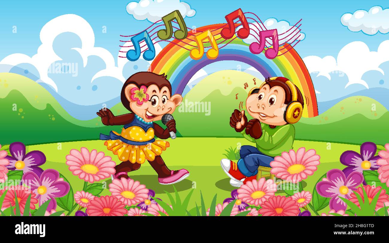 Little monkeys singing in forest landscape with rainbow illustration Stock Vector