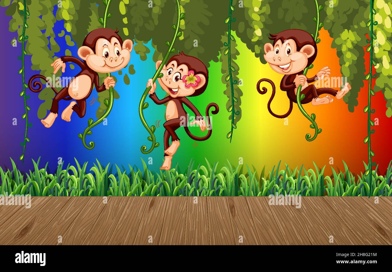 Monkey hanging on liana on rainbow gradient background illustration Stock Vector