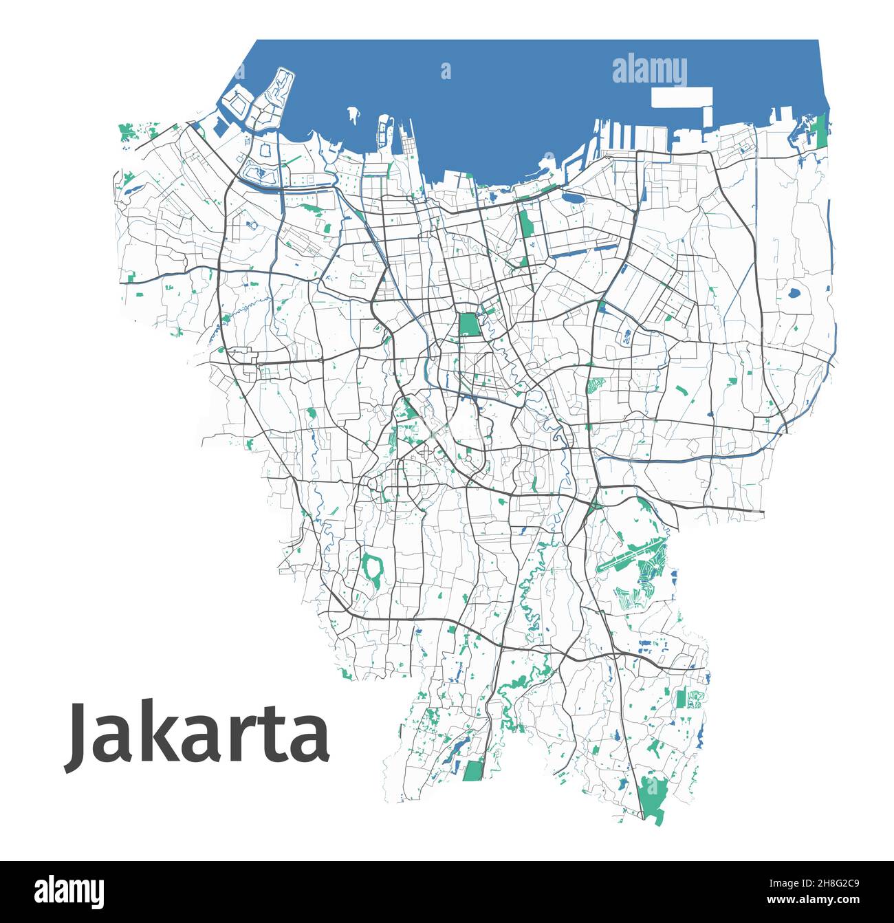 Jakarta vector map. Detailed map of Jakarta city administrative area. Cityscape panorama. Royalty free vector illustration. Outline map with highways, Stock Vector