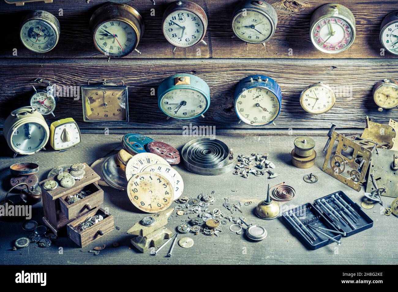 Watchmaker's workplace with old clocks. watchmaker's