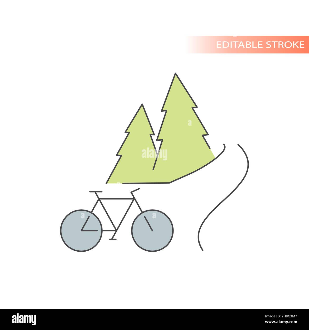 Outdoors biking line vector icon. Nature scape with road, pines and bicycle, editable stroke. Stock Vector