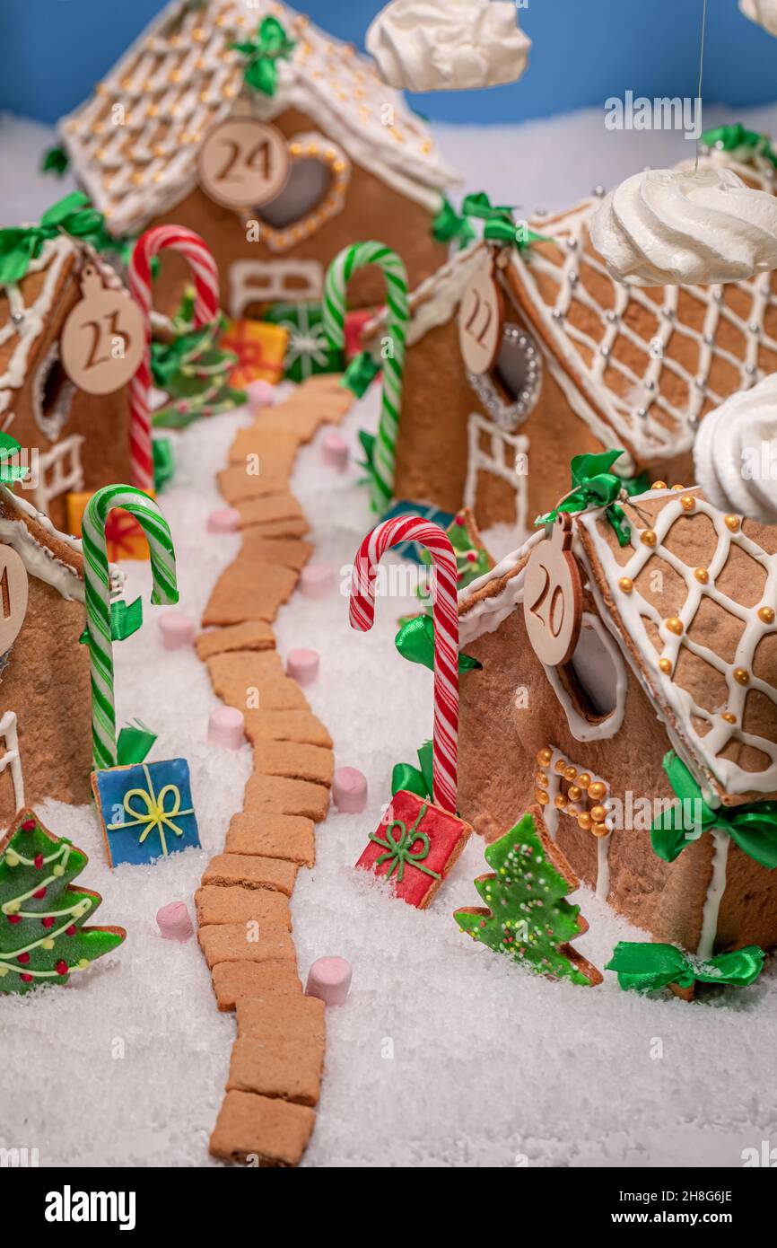 Stunning Christmas gingerbread village with cookies and meringue clouds