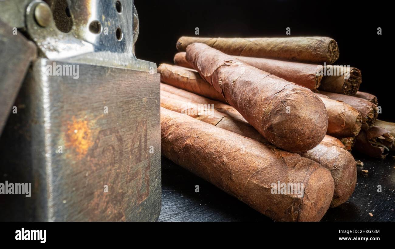 Closeup of expensive cigar, humidor and cutter. Cigars in humidor with