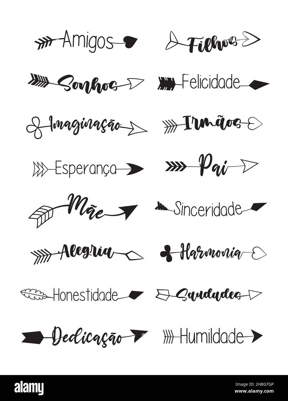 Brazilian Portuguese words in arrows. Translation - Dreams, Imagination,  Hope, Mother, Fun, Honesty, Happiness, Brothers, Father, Sincerity, Harmony  Stock Vector Image & Art - Alamy