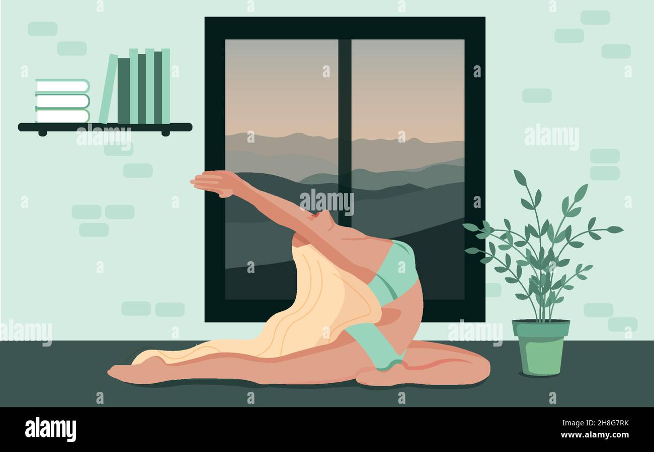 Cute girl doing yoga poses. Young woman lifestyle in home interior. Stock Vector