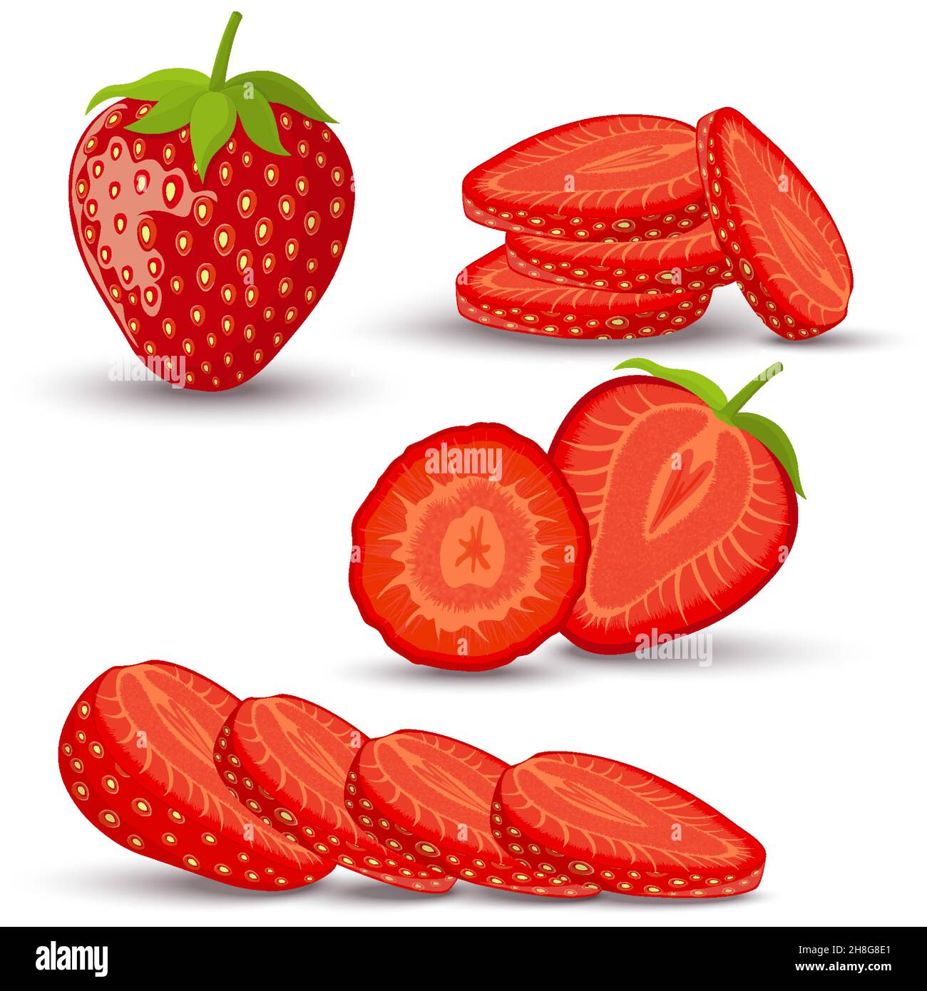 Set of strawberry. Whole, slice, half of a strawberry isolated on white