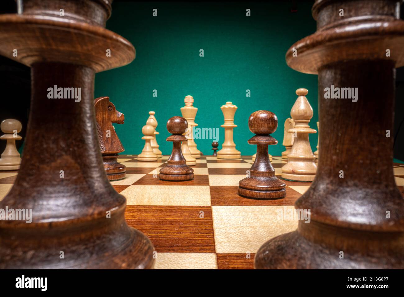 Closeup of chess with white and black chess pieces on green background ...