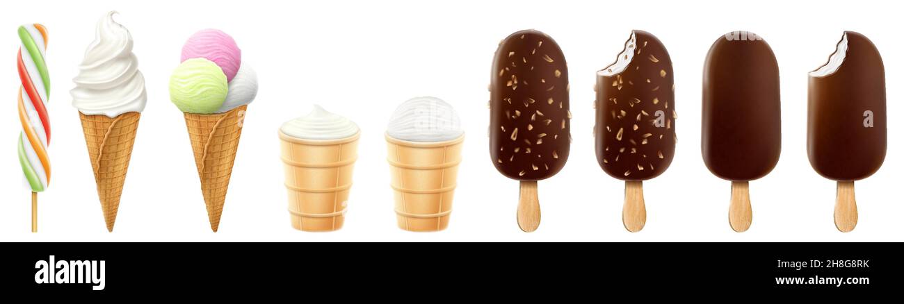 Set of ice cream in a waffle cone and popsicle isolated on a white background. Realistic 3D vector Stock Vector