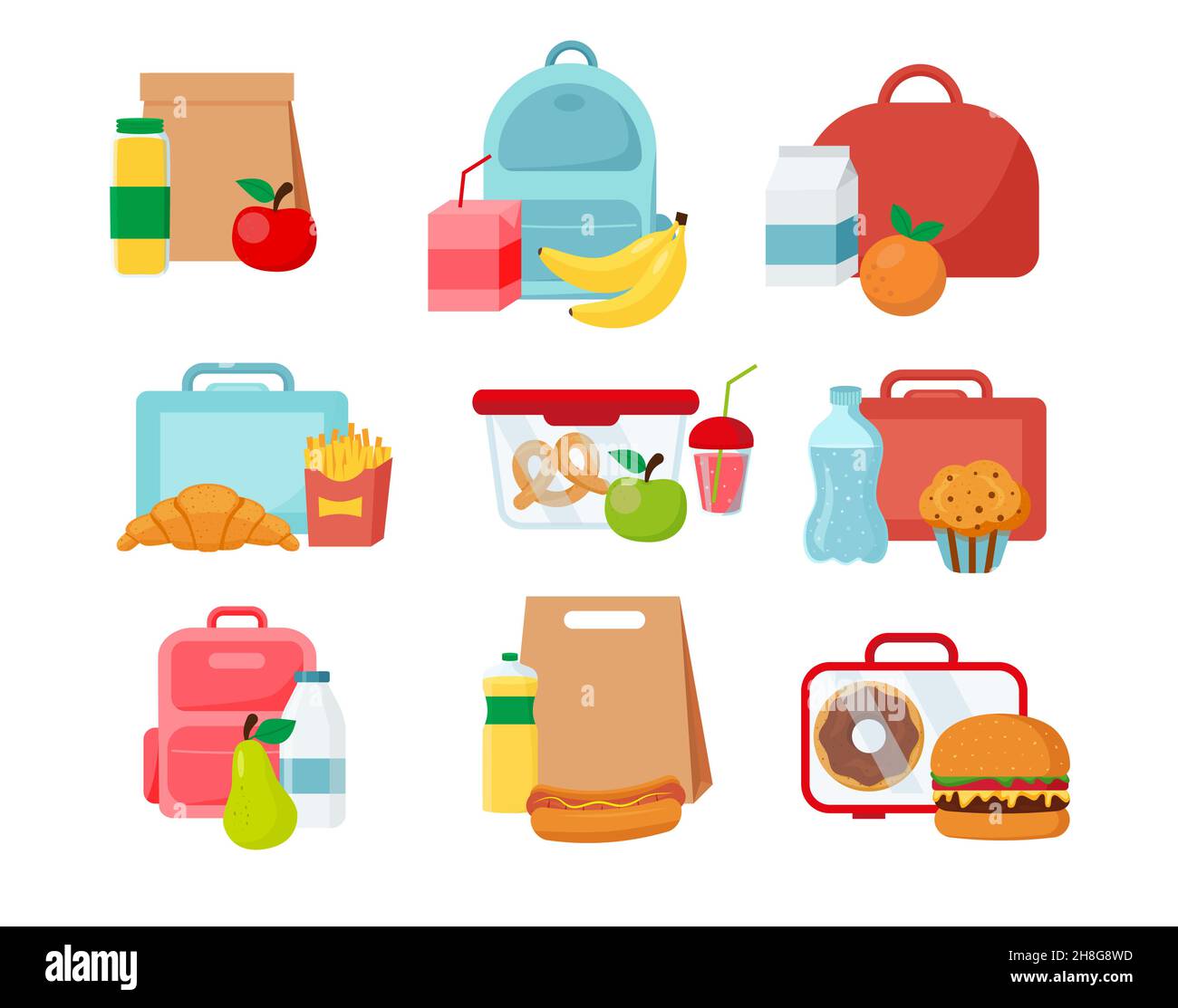 School lunch food boxes meal and snack. Vector illustration in flat style EPS 10 Stock Vector