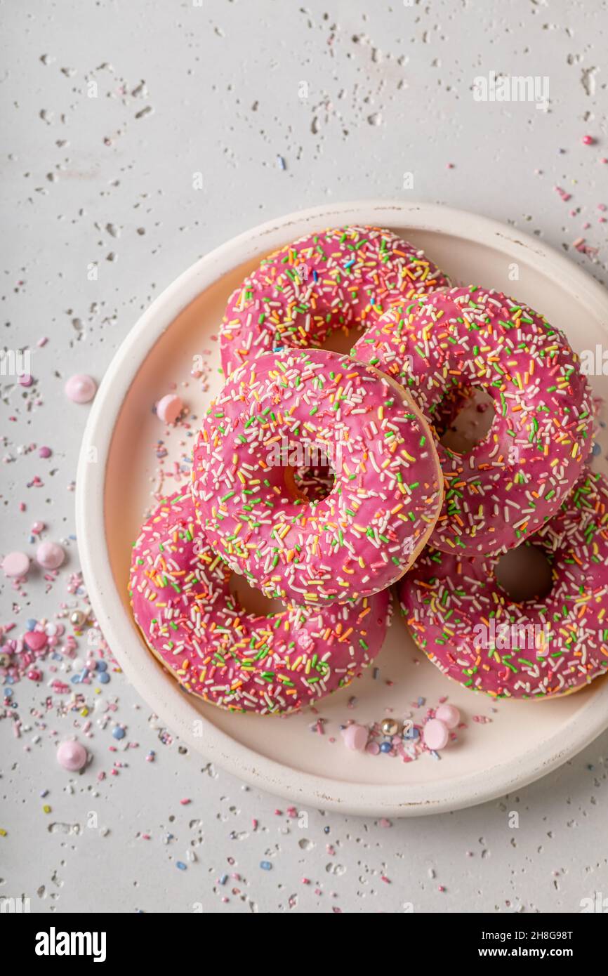 Sweet and homemade pink donuts ready to eat Donuts is most popular