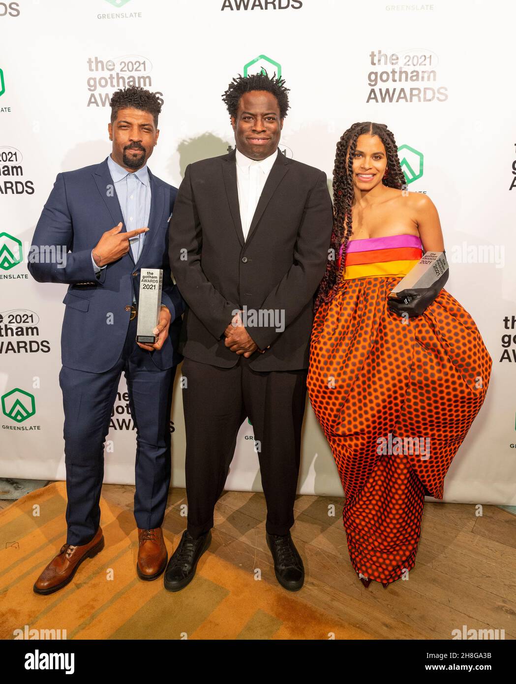 New York, NY - November 29, 2021: Deon Cole, Jeymes Samuel and Zazie Beetz pose in Green Room as winners for Ensemble Tribute in The Harder They Fall at Cipriani Wall Street Stock Photo