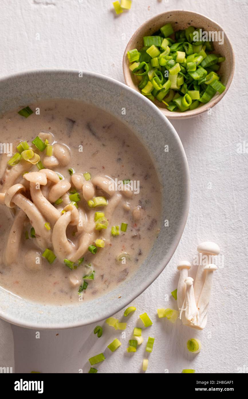 Aromatic shimeji mushroom soup as aromatic Japanese cuisine. Japanese