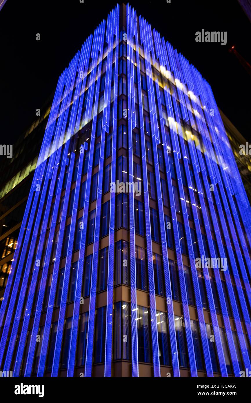 Exterior colourful lighting Moor Place office building exterior lit up at night time nighttime Fore Street in Moorgate City of London UK  KATHY DEWITT Stock Photo