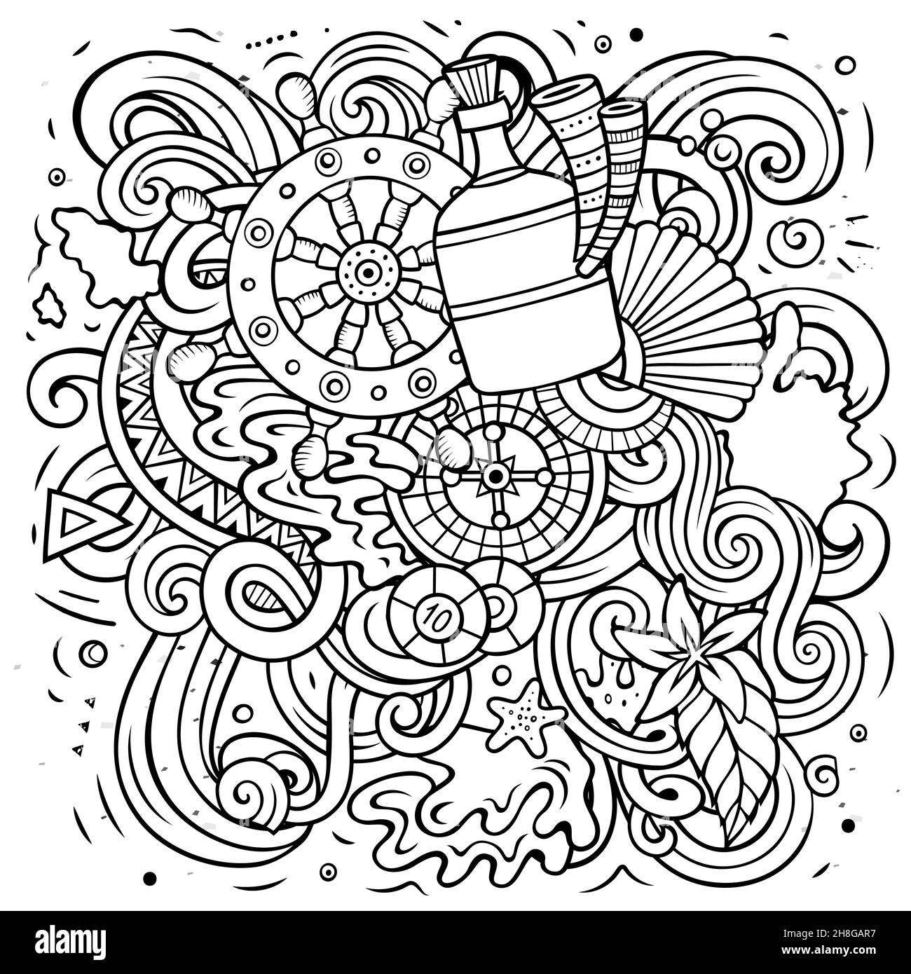 Bahamas cartoon vector doodle illustration. Line art detailed composition with lot of tropical objects and symbols. Stock Vector