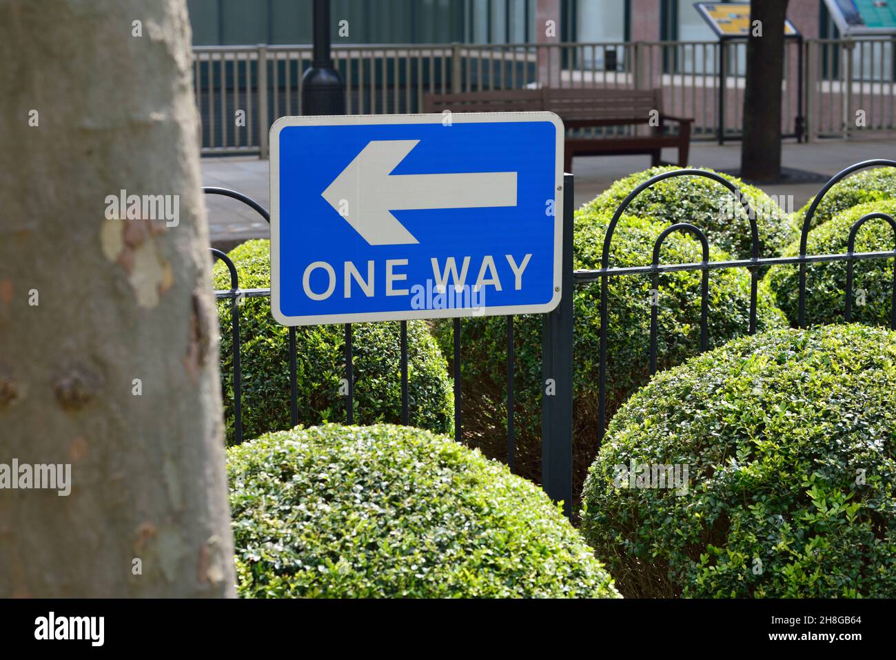 One way sign, West India Avenue, Canary Wharf, East London, United Kingdom Stock Photo