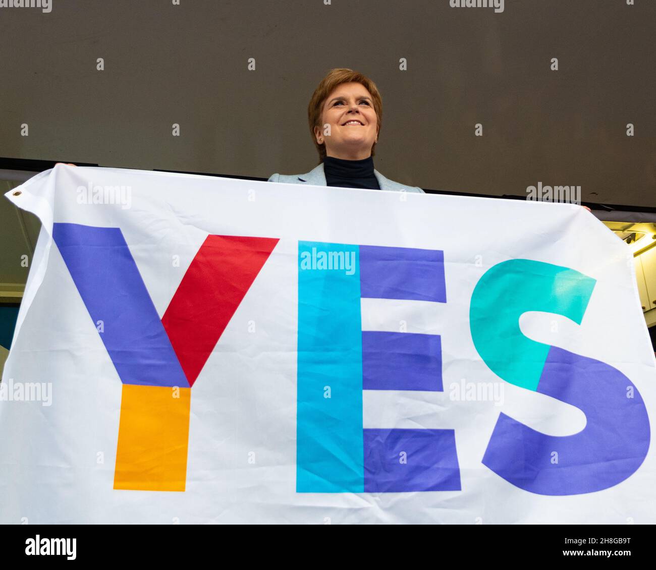 Nicola Sturgeon holding a yes flag at a pro-Scottish Independence rally in Glasgow, Scotland, UK November 2 2019 Stock Photo