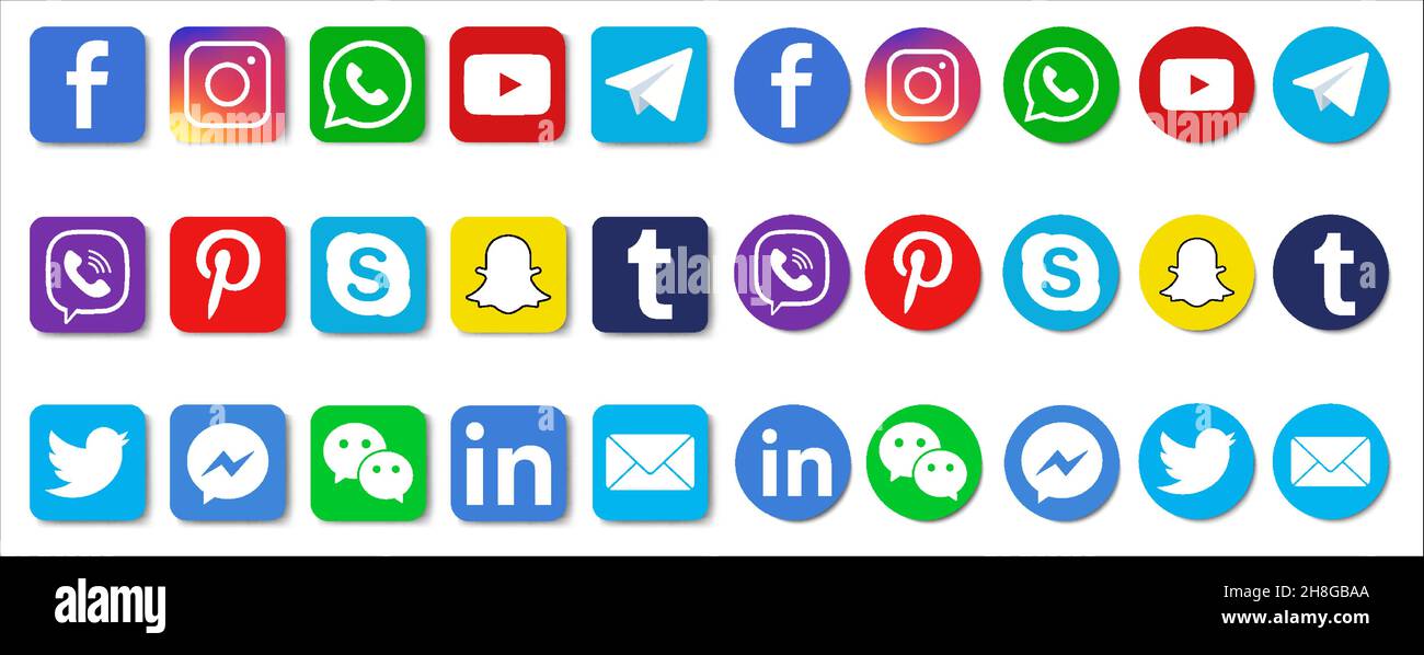 Vinnitsya, Ukraine- January 10, 2021: Set of most popular social media icons: Facebook, Instagram, WhatsApp, YouTube, Telegram Stock Vector