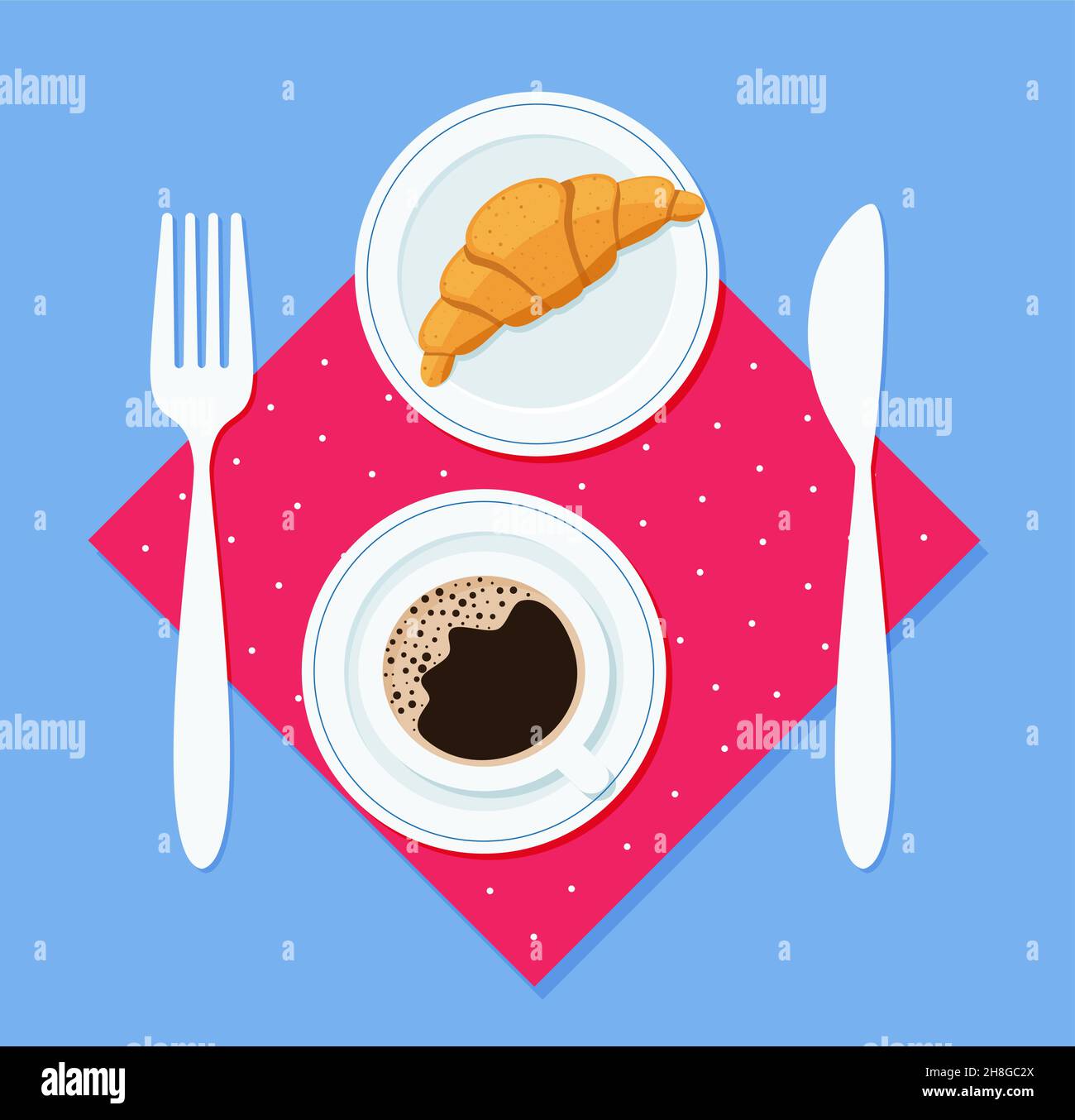 Breakfast croissant on a plate, with a fork and knife and a cup of coffee on a napkin. Vector illustration in flat style EPS 10 Stock Vector