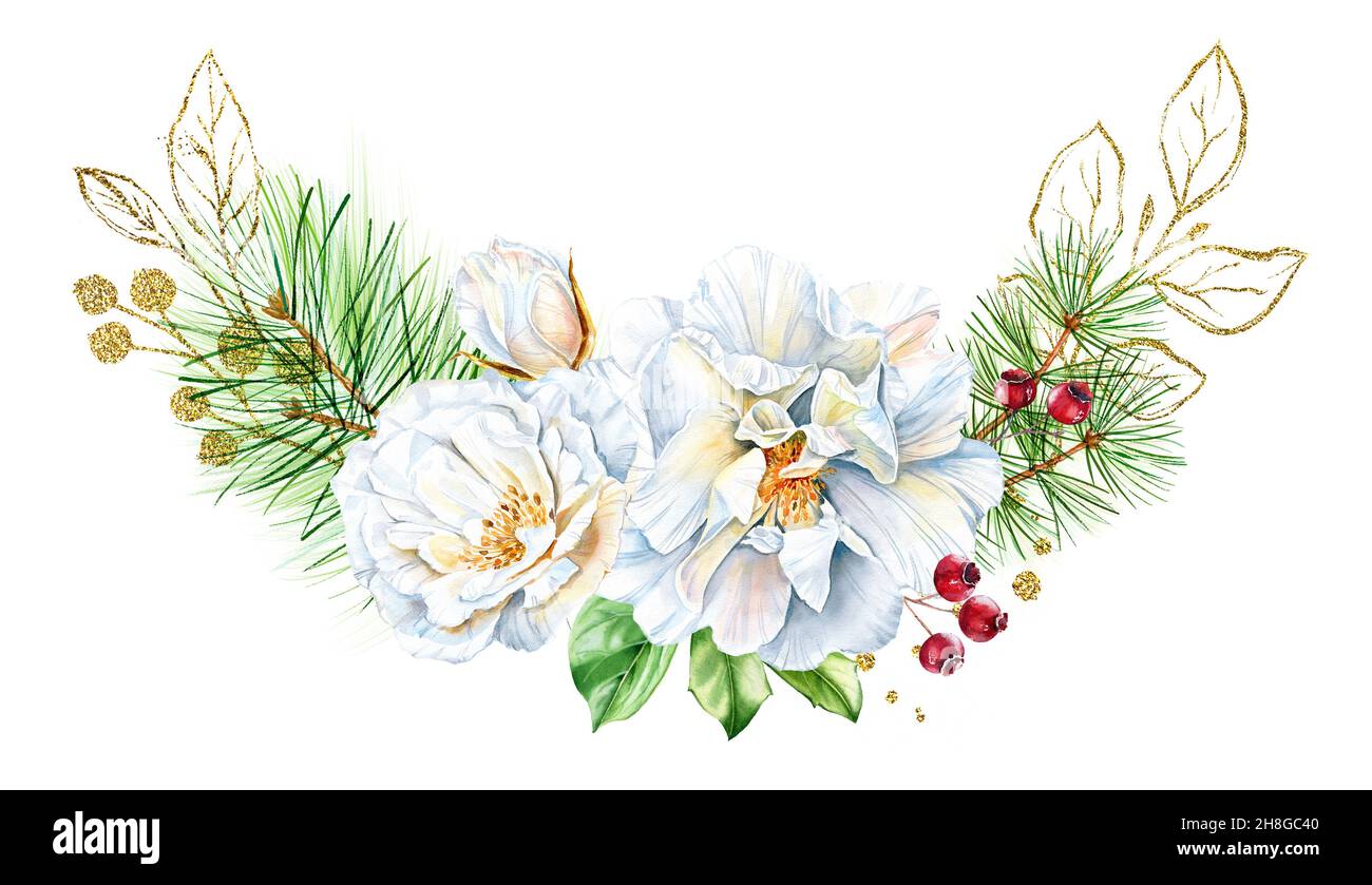 Watercolor winter rose wreath with golden glitter. Realistic round arrangement with white briar flower, pine tree and shiny foil. Botanical floral Stock Photo