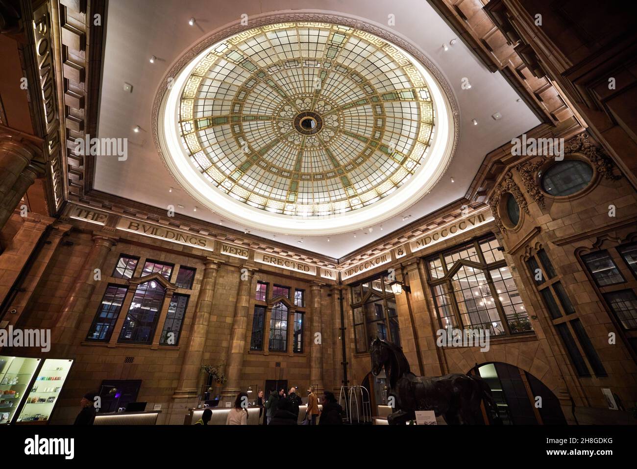 Manchester city centre Kimpton Clocktower Hotel reception lobby with large roof glass dome Stock Photo