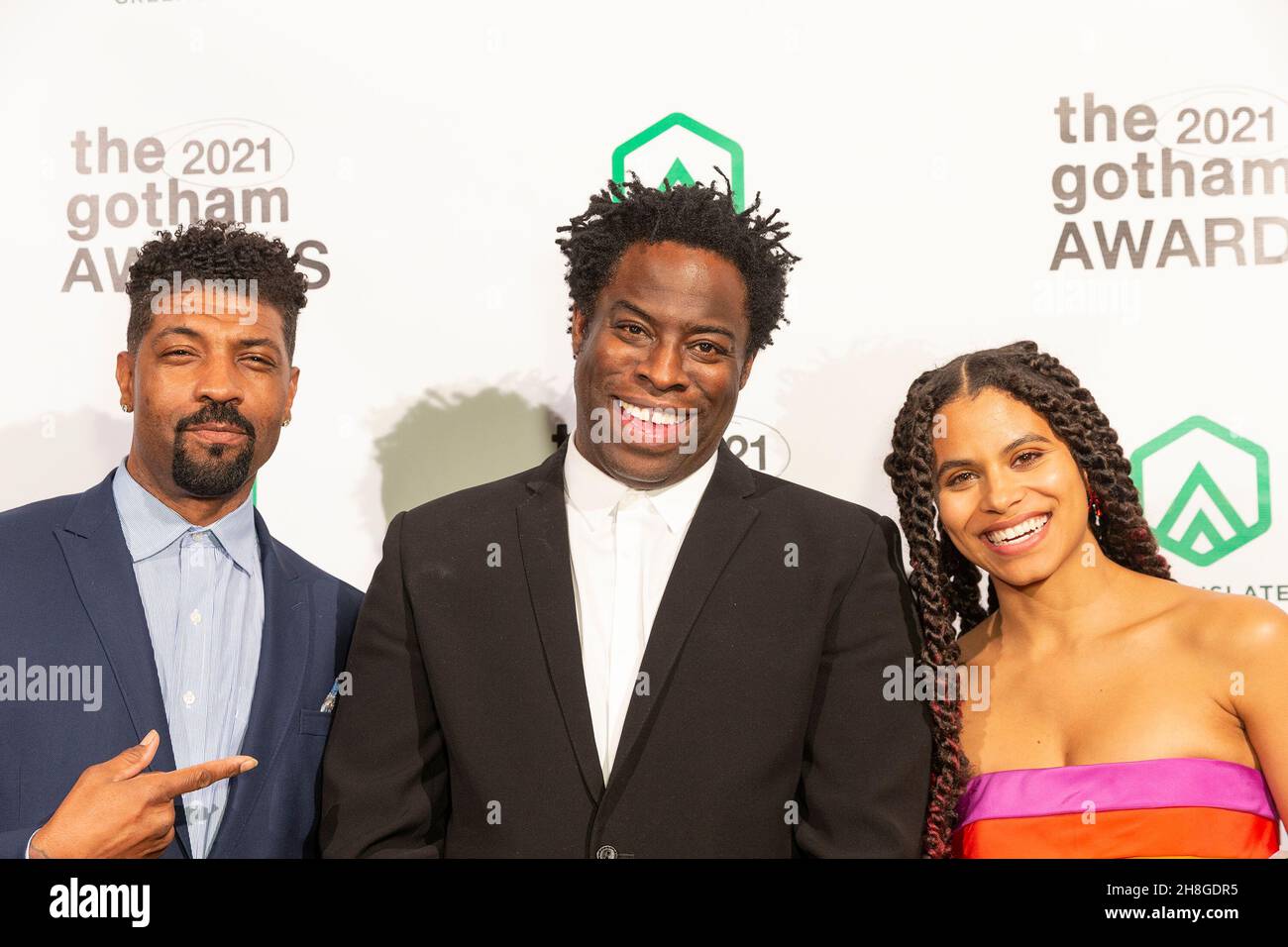 New York, United States. 29th Nov, 2021. Deon Cole, Jeymes Samuel and Zazie Beetz pose in Green Room as winners for Ensemble Tribute in The Harder They Fall at Cipriani Wall Street (Photo by Lev Radin/Pacific Press) Credit: Pacific Press Media Production Corp./Alamy Live News Stock Photo