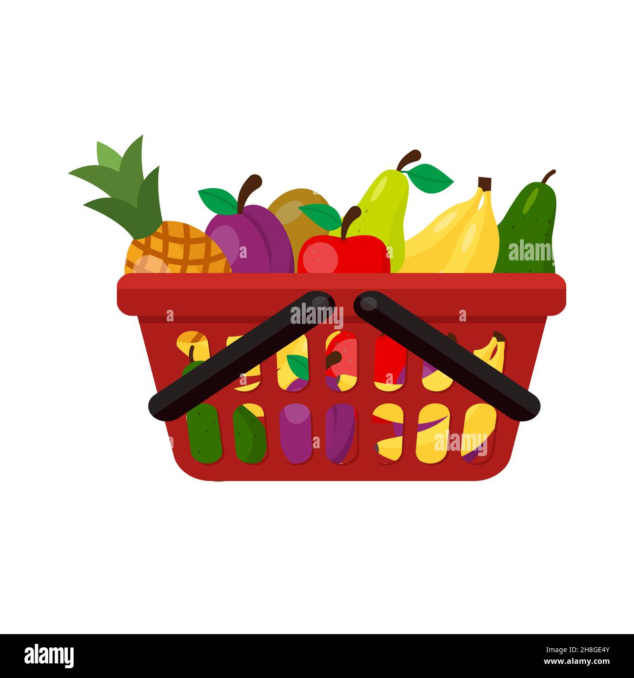 Plastic red basket supermarket with fruit and storage container. Vector