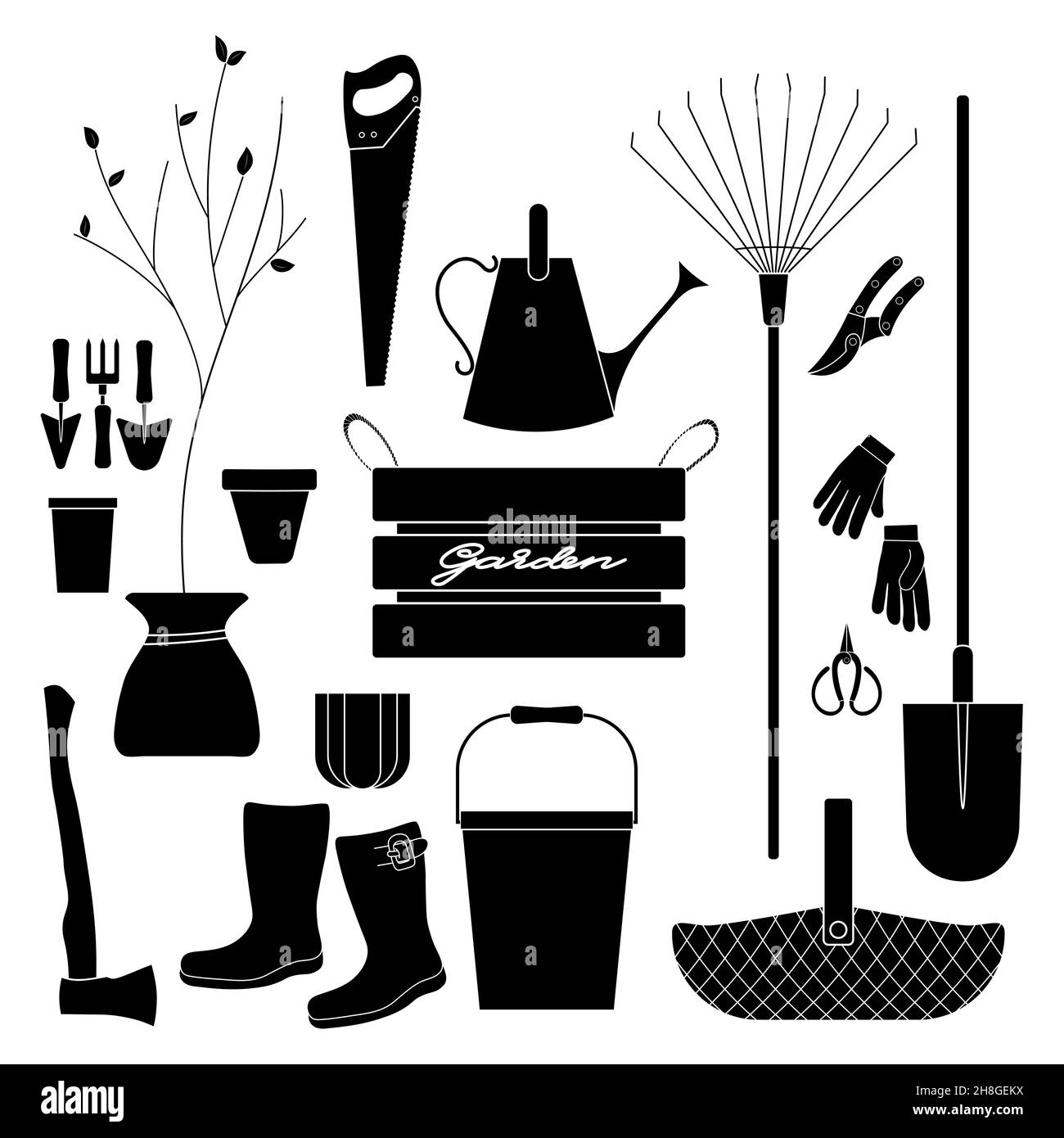 Gardening tools set negative outline simple minimalistic flat design icon vector illustration isolated on white background Stock Vector