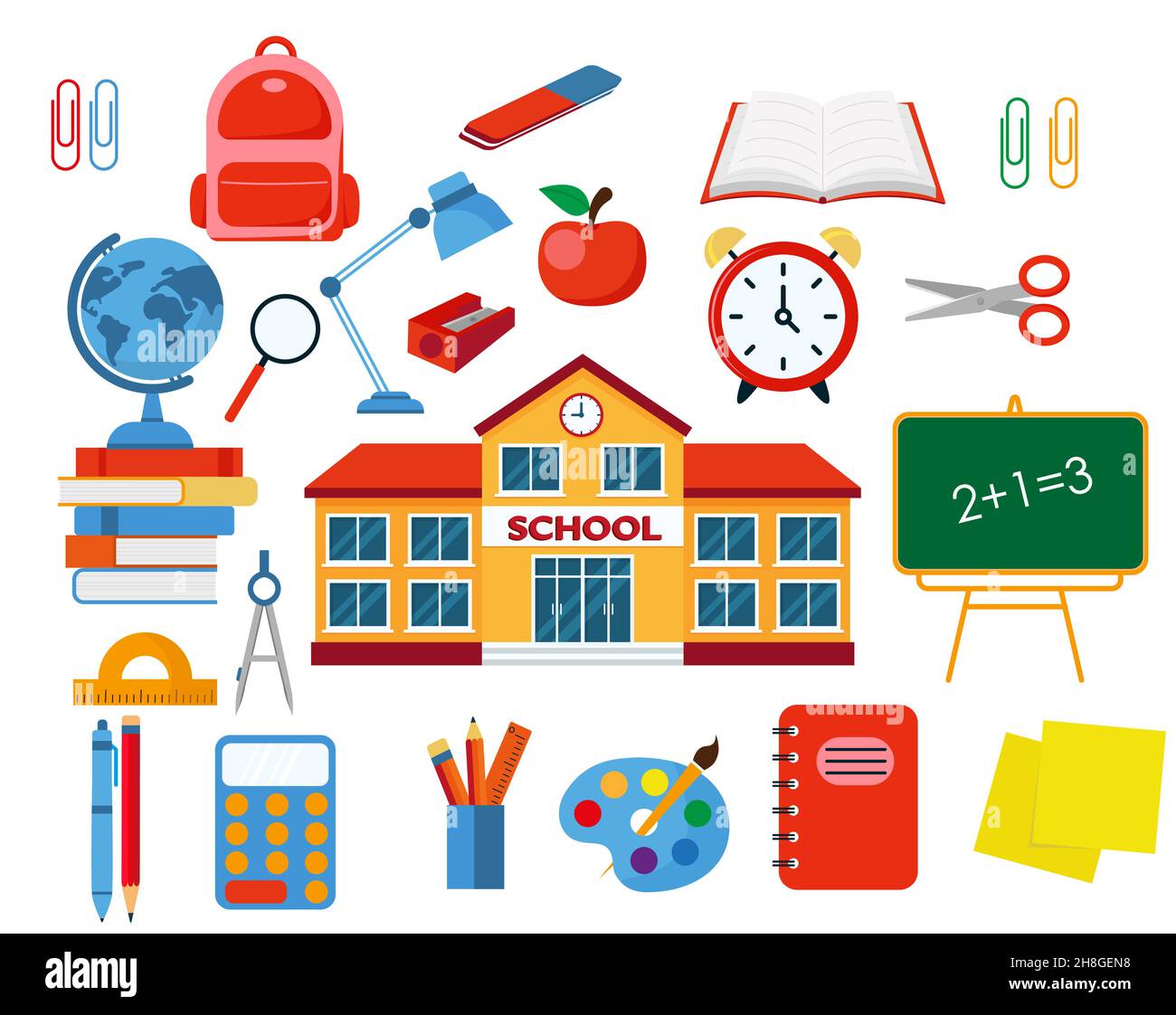 School items and supplies. School building isolated on white background