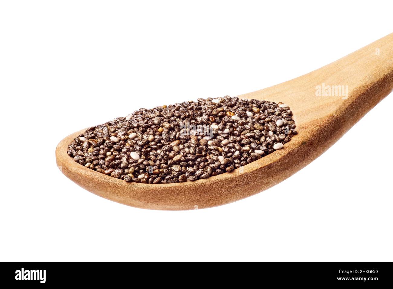 Chia seeds in wooden spoon on white background Stock Photo