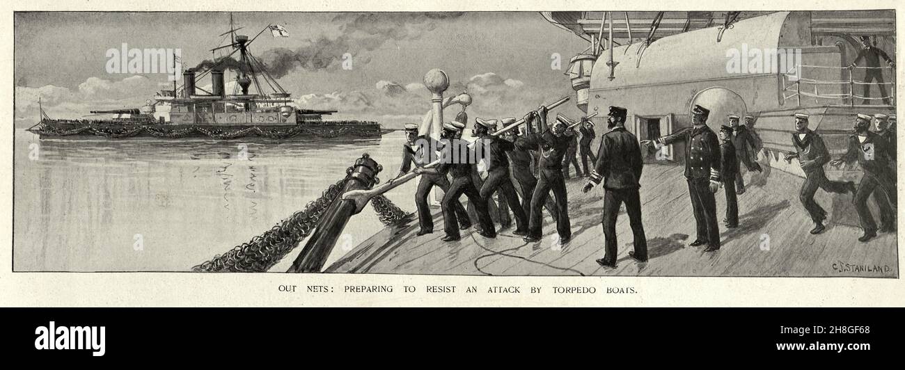 British Royal Navy sailors putting out net to resist an attack by ...