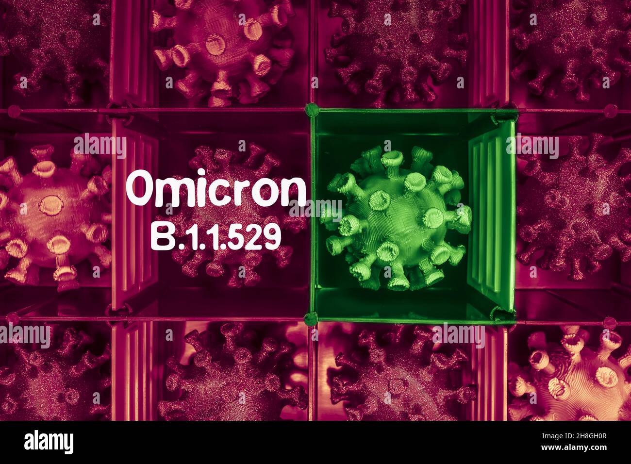 Corona viruses in a box, omicron covid mutation B.1.1.529 Stock Photo