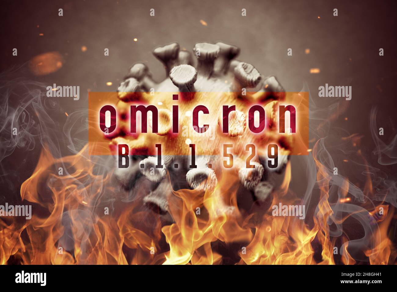 Corona virus and fire, omicron covid mutation B.1.1.529 Stock Photo