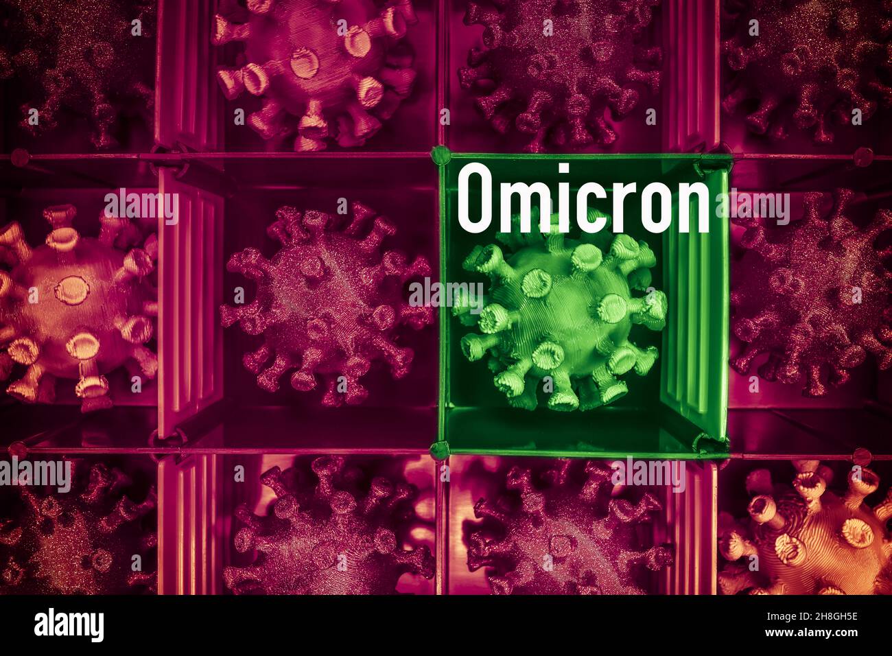 Corona viruses in a box, omicron covid mutation B.1.1.529 Stock Photo