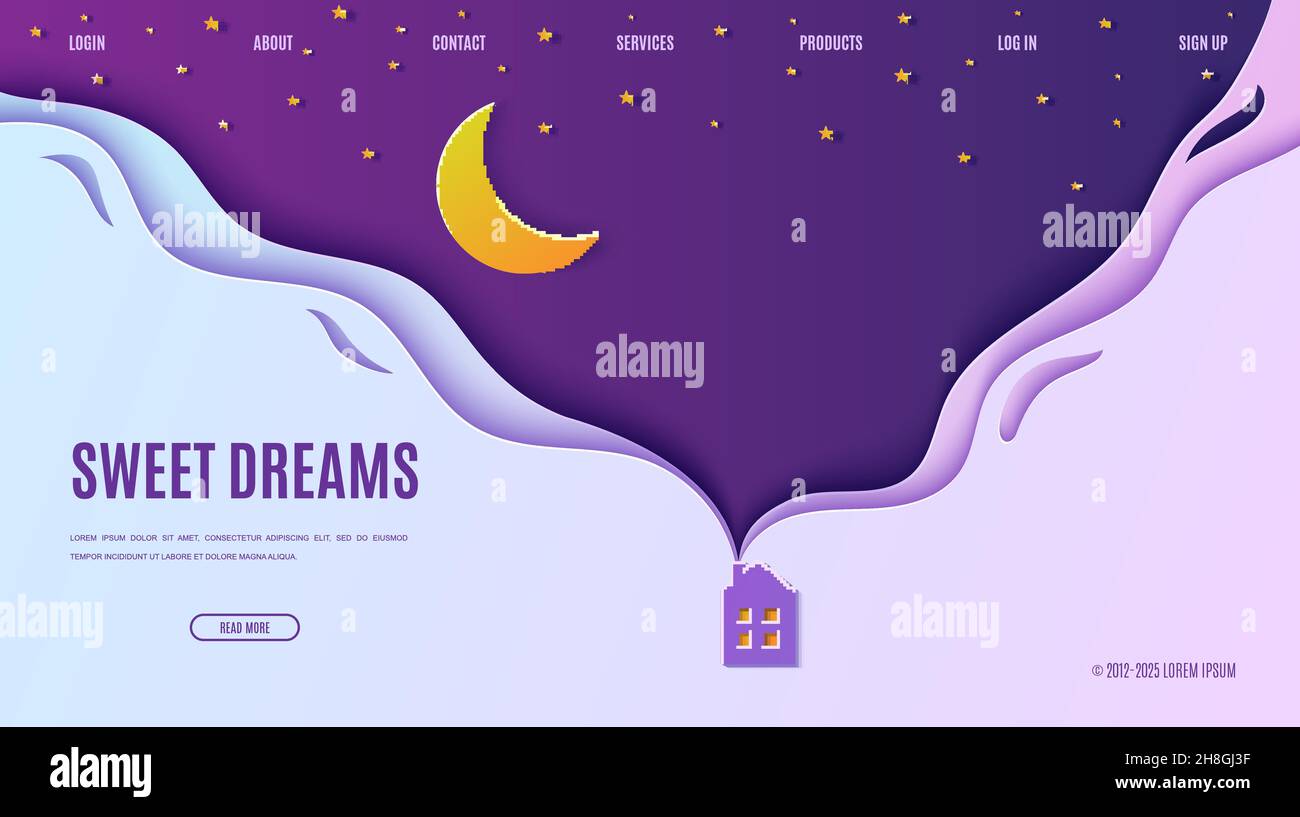 Night sky in paper cut style. Web page design template cute house with ...