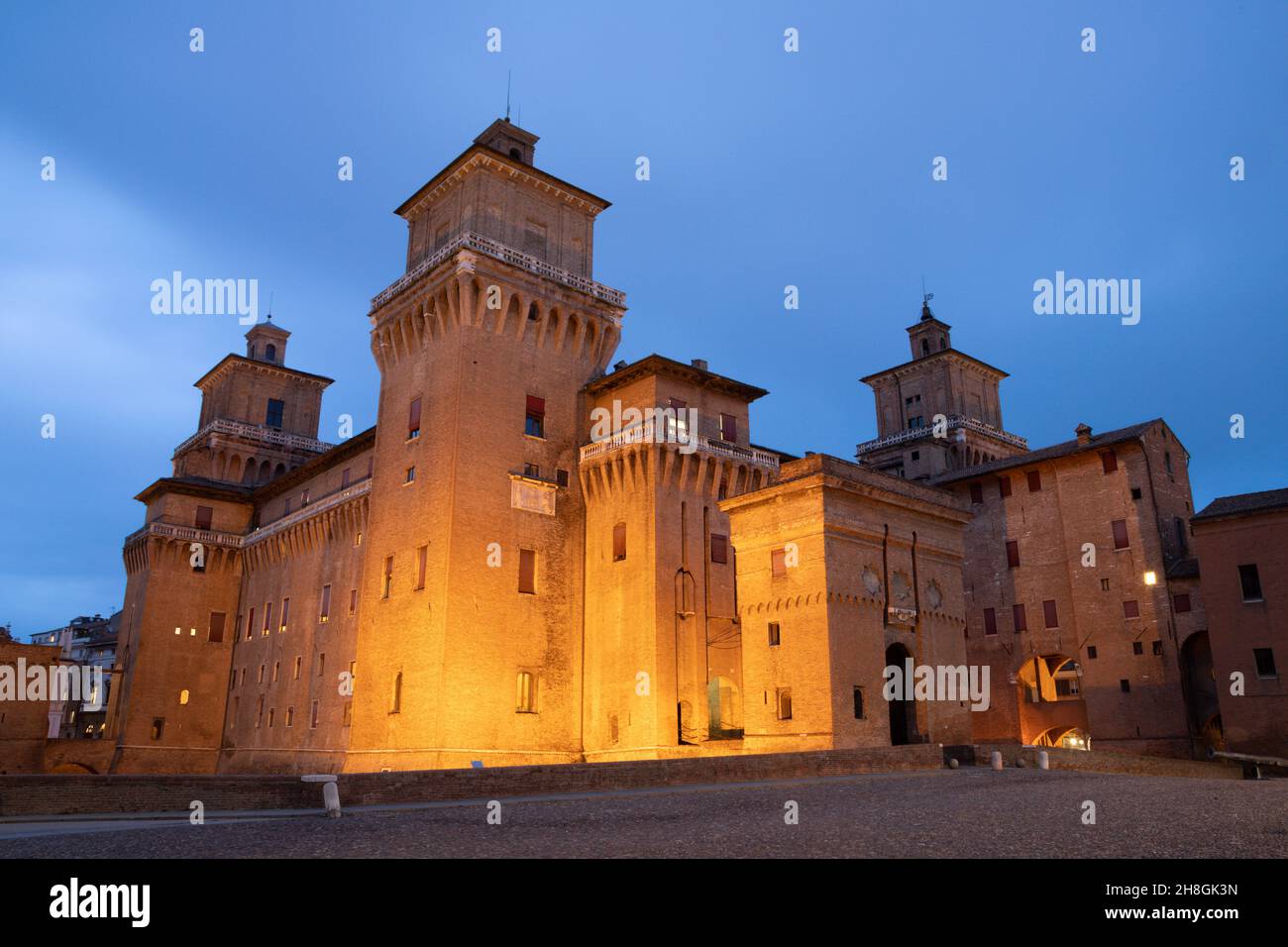 Ferrara - The castle Castello Estense at dusk. Stock Photo