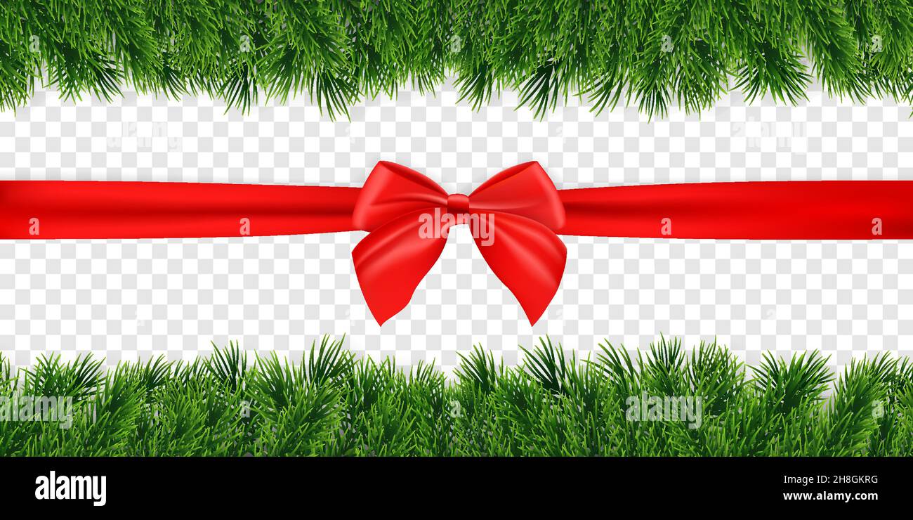 Christmas background with red bow and fir twigs garland. Vector ...