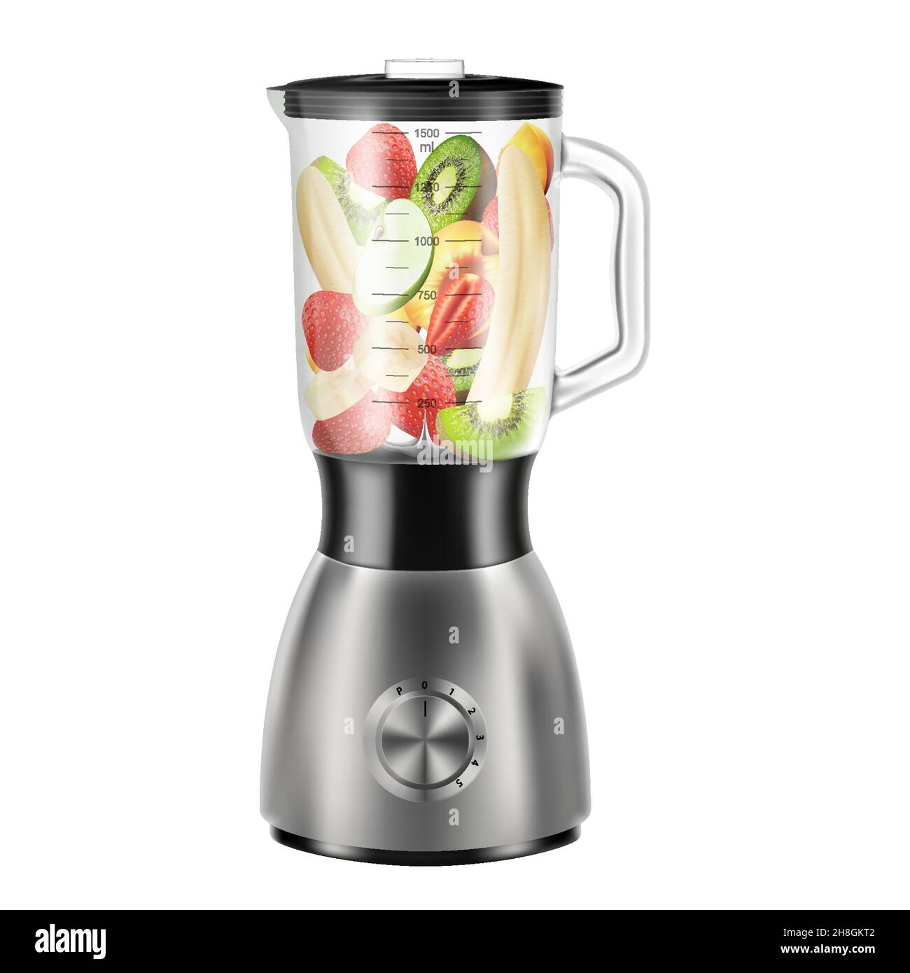 Realistic Juicer blender filled with slices of apples, banana, peach