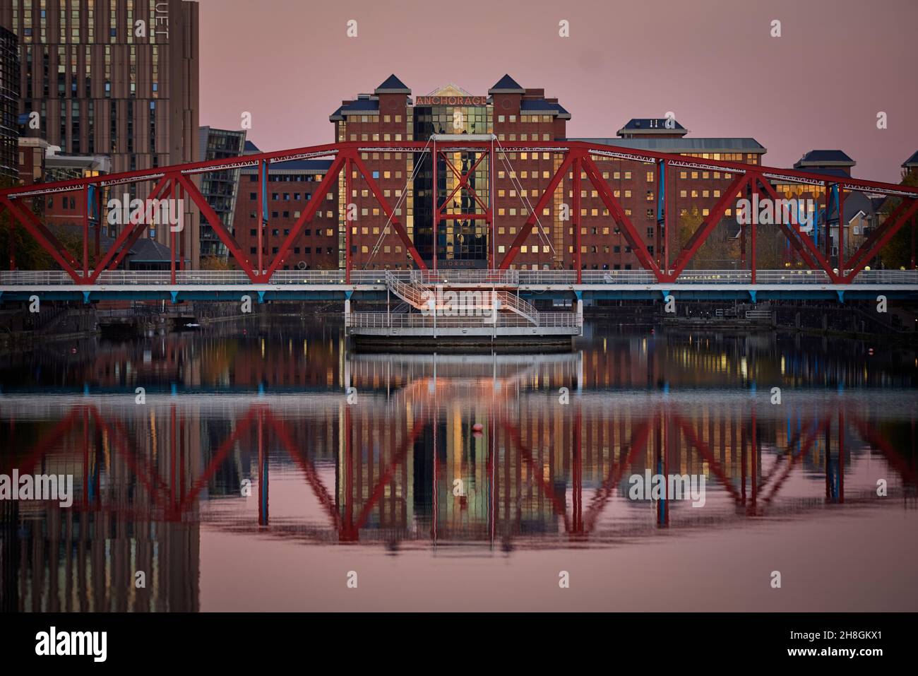 Salford Quays manchester Ship Canal, Erin Basin, Detroit Bridge and Anchorage Quays building Stock Photo