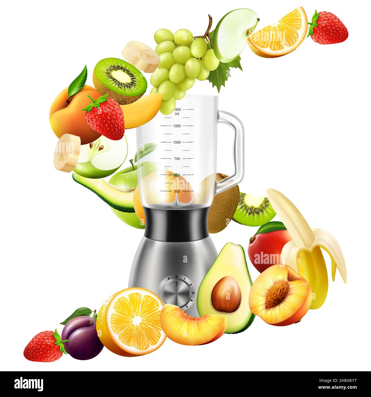 Realistic Juicer blender. Kitchen blender with set of fruits, bananas