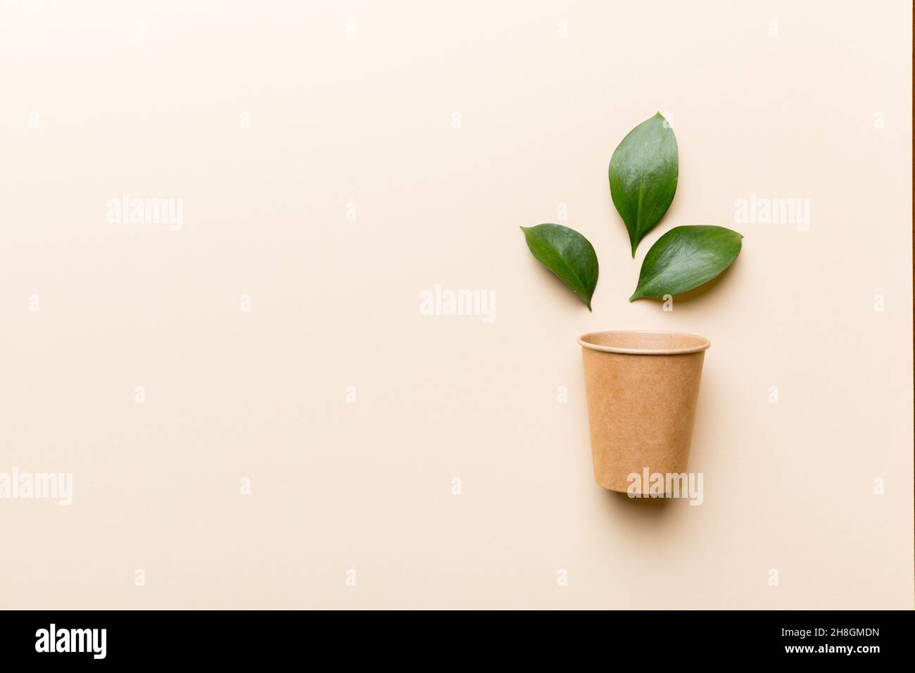 Zero waste cup with green leaf, environmentally friendly, disposable